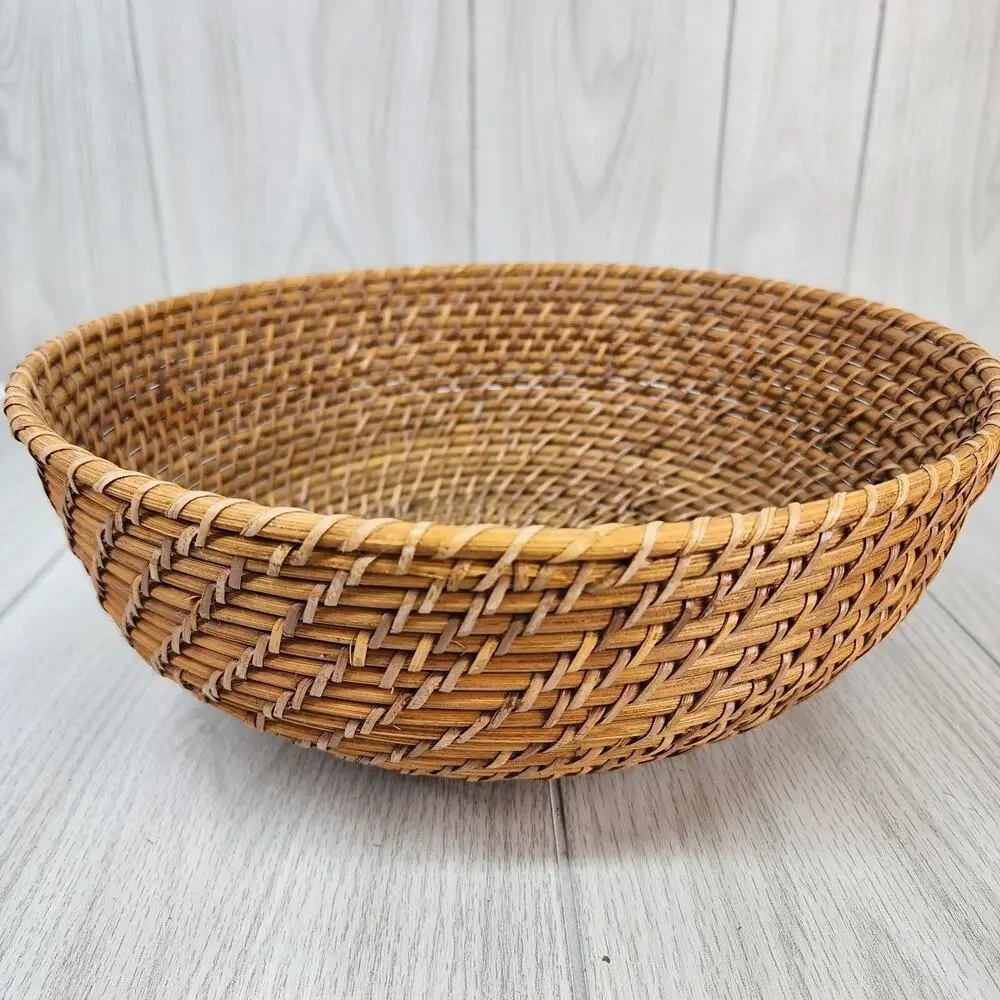 Boho Wicker Woven Fruit Basket United Wood Base Wide Oval Serving Storage 13x5